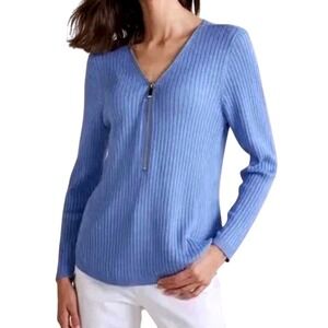 Soft Surroundings Women's Blue Ribbed Knit Half Zip Sweater Size 1X Office Work